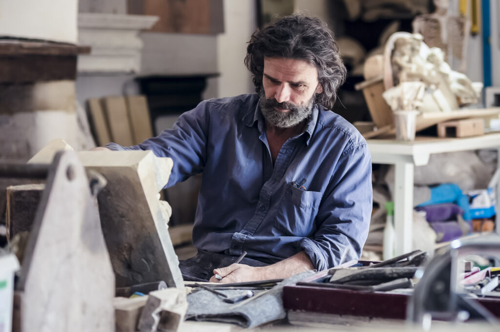 brand shoot with sculptor and stone mason peter standley artisan stone